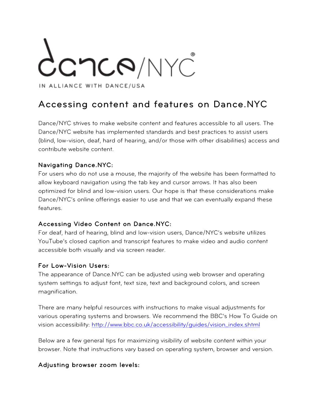 Accessing Content and Features on Dance.NYC