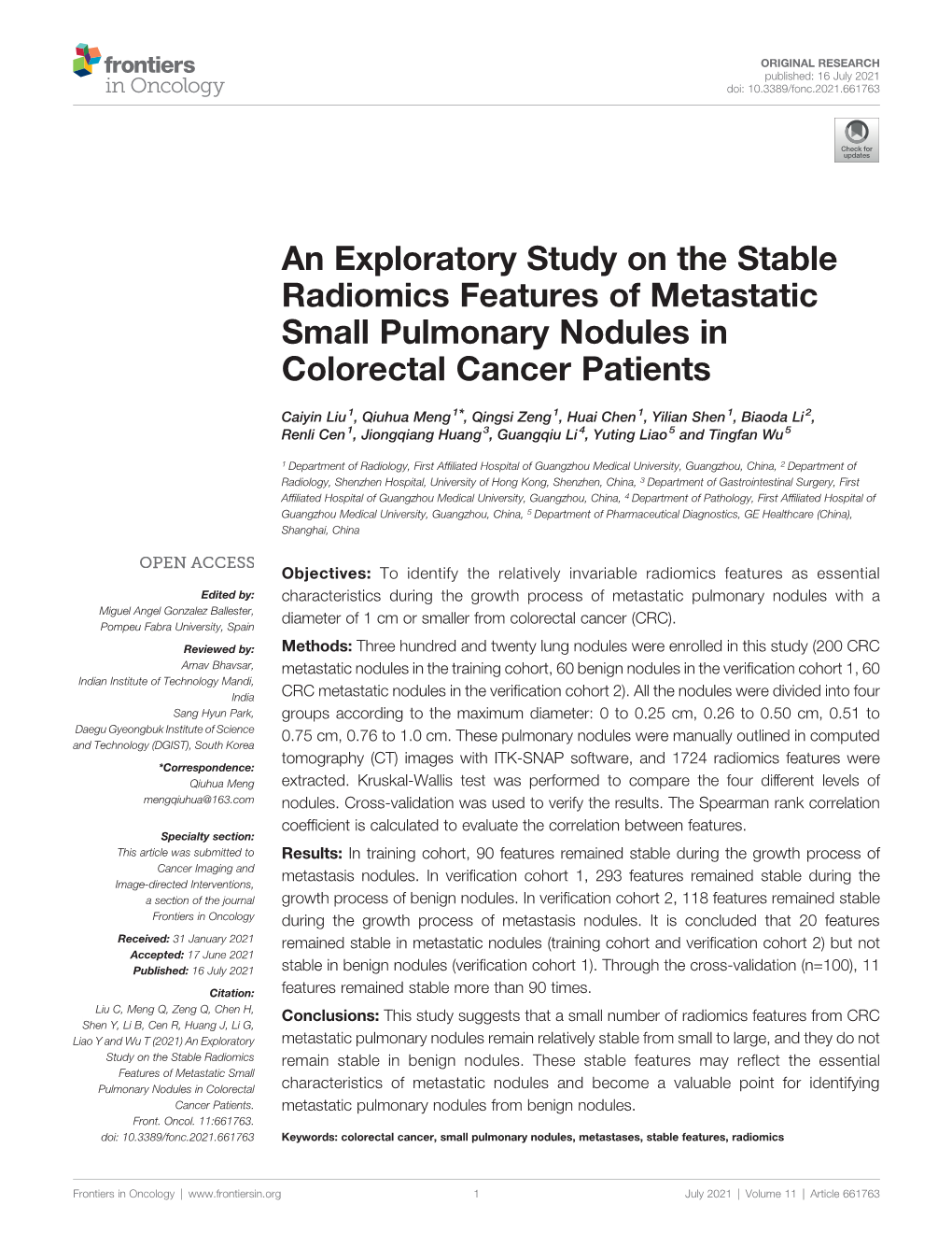 An Exploratory Study on the Stable Radiomics Features of Metastatic Small Pulmonary Nodules in Colorectal Cancer Patients