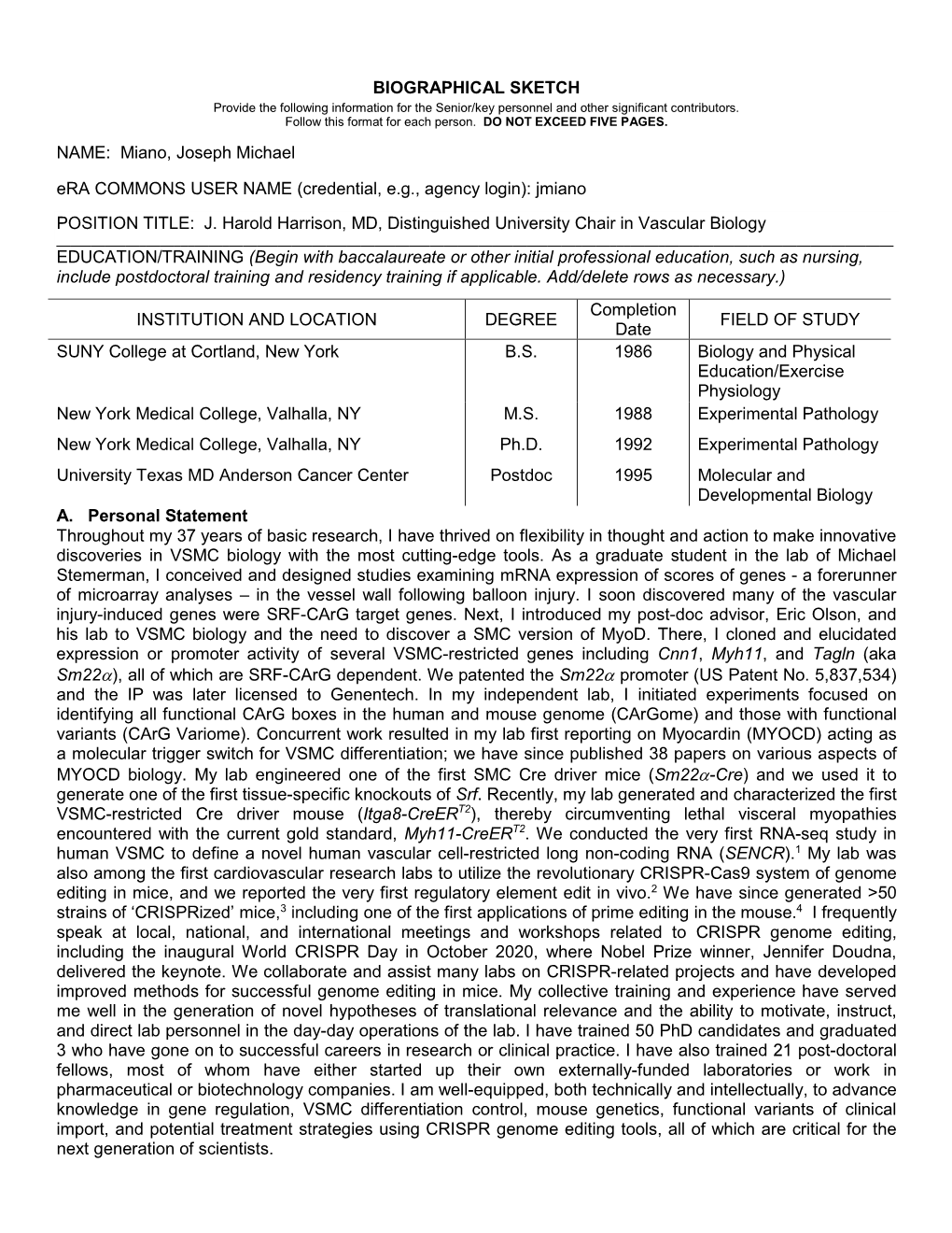 OMB No. 0925-0046, Biographical Sketch Format Page