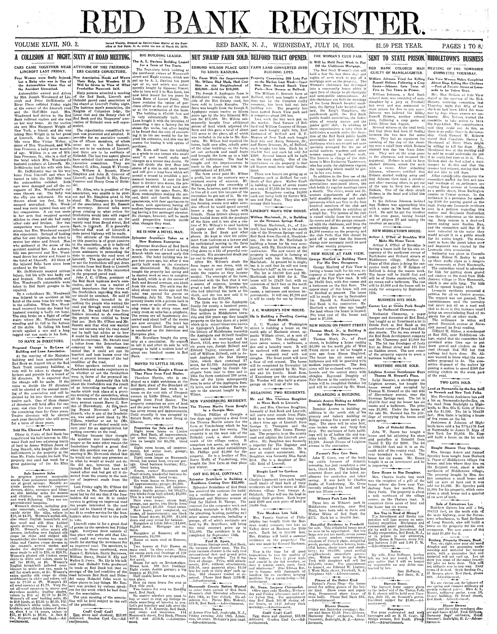 A Collision at Night. Sixty at Koadieotog, Nut Swamp Farm Sold. Belford Tract Opened. Sent to State Prison. Middletown's Busines