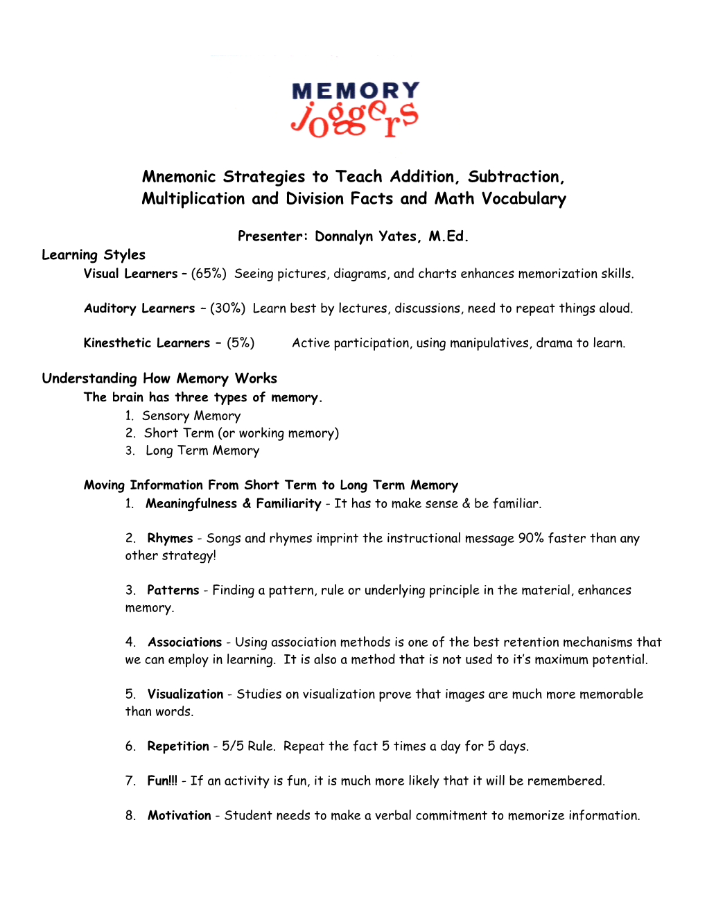 Mnemonic Strategies to Teach Addition, Subtraction, Multiplication and Division Facts and Math Vocabulary