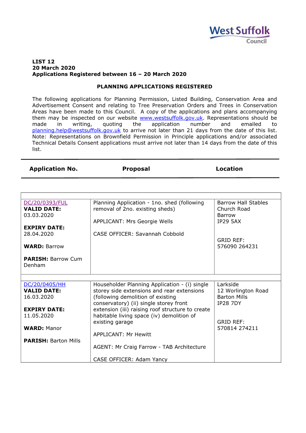 WSC Planning Applications 12/20