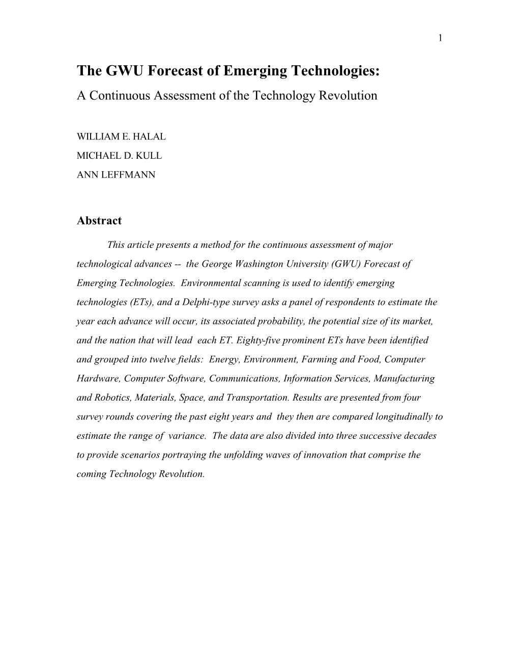 The GWU Forecast of Emerging Technologies: a Continuous Assessment of the Technology Revolution