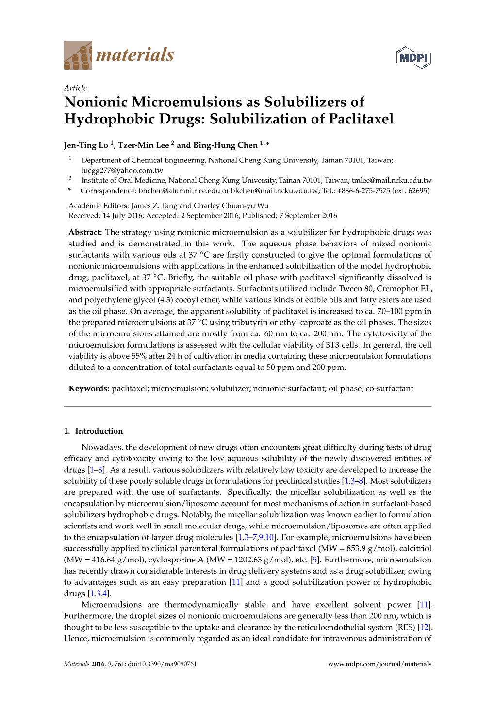 Nonionic Microemulsions As Solubilizers of Hydrophobic Drugs: Solubilization of Paclitaxel