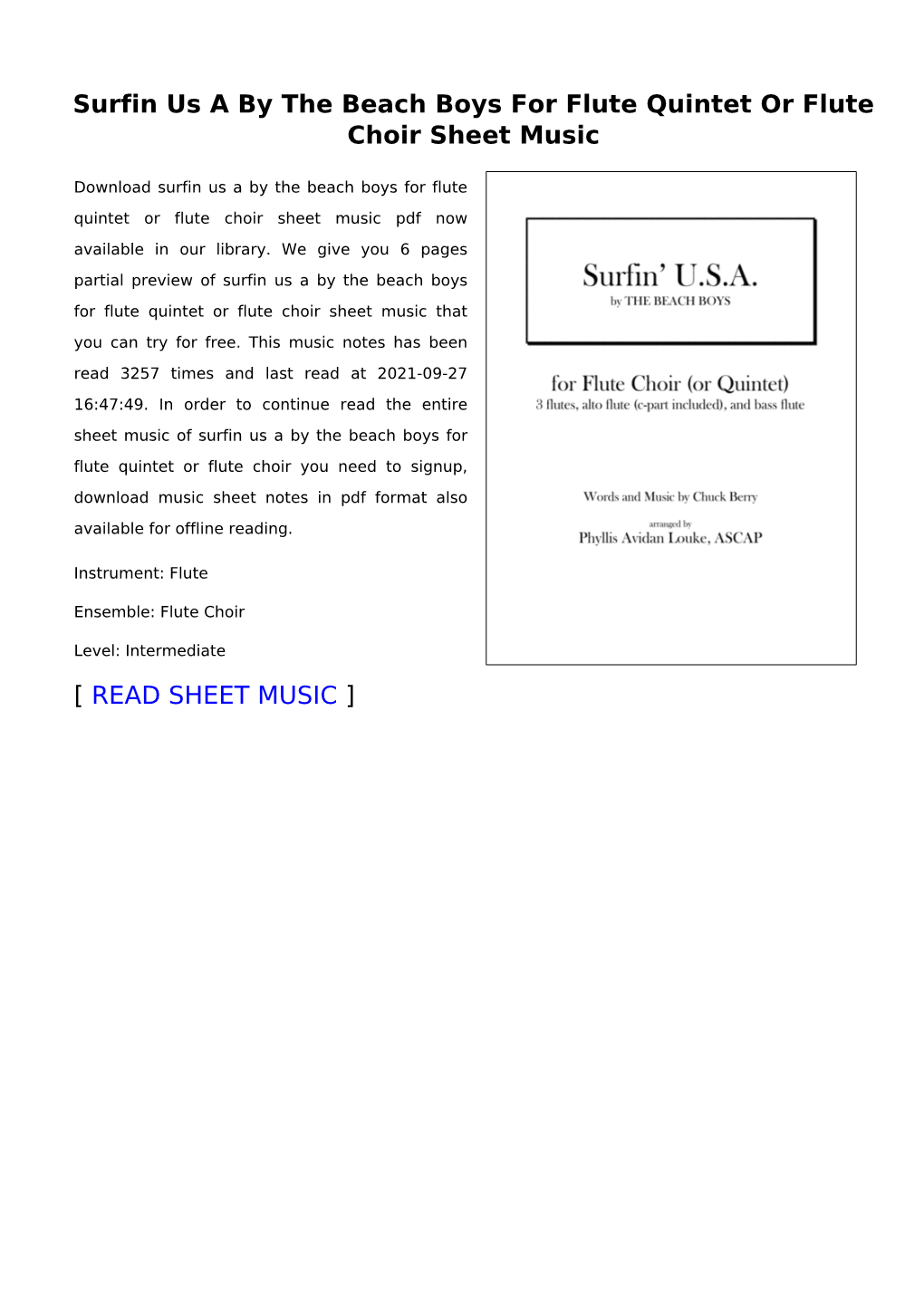 Surfin Us a by the Beach Boys for Flute Quintet Or Flute Choir Sheet Music