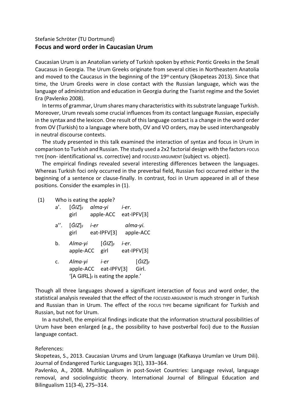 (TU Dortmund) Focus and Word Order in Caucasian Urum