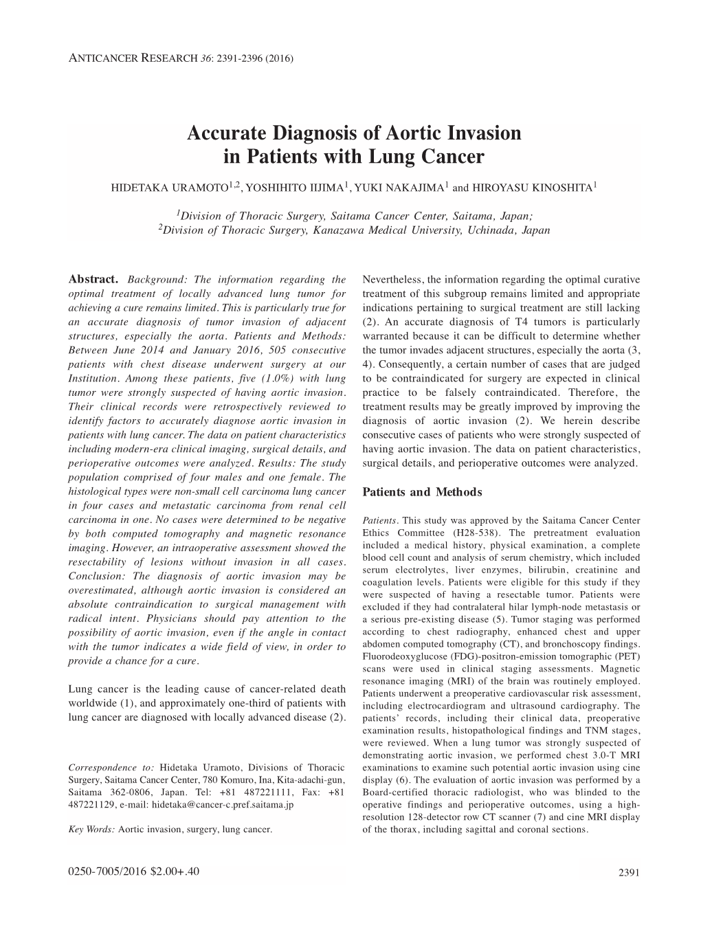 Accurate Diagnosis of Aortic Invasion in Patients with Lung Cancer