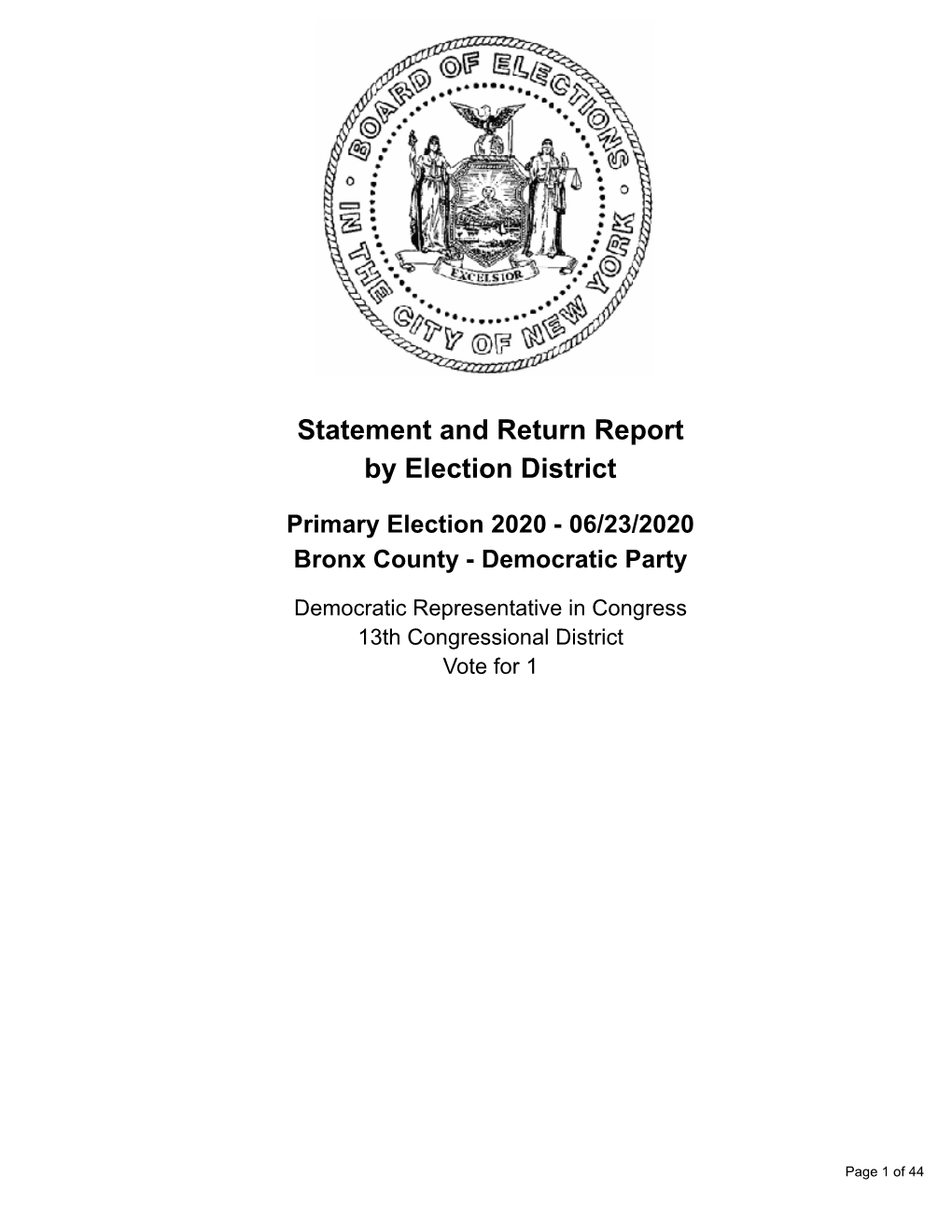 Statement and Return Report by Election District Primary Election