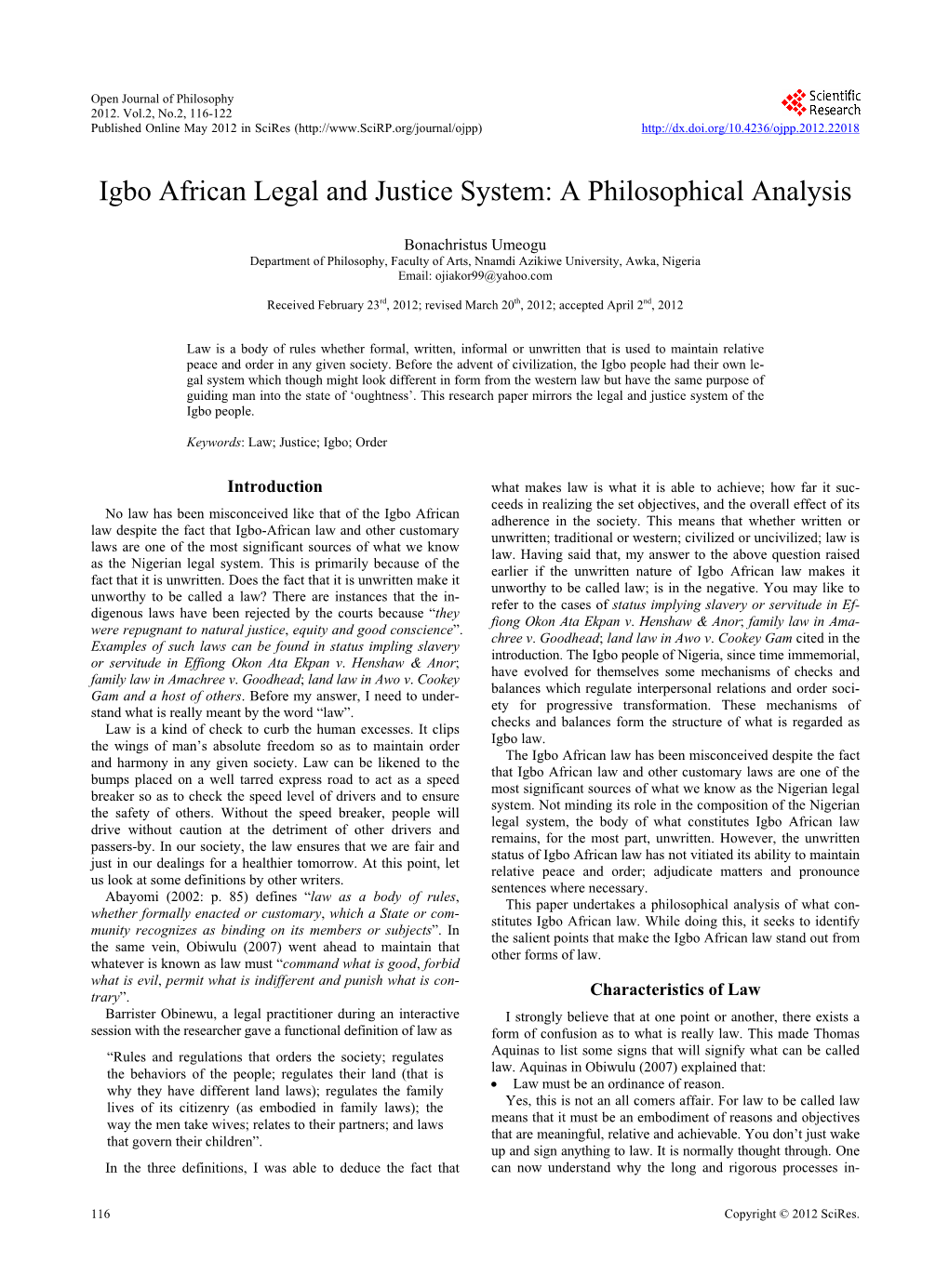Igbo African Legal and Justice System a Philosophical Analysis
