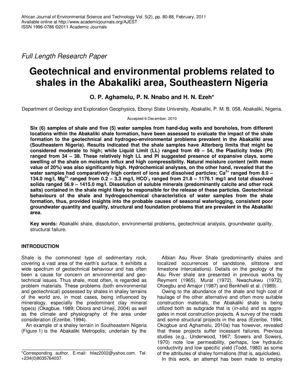 Geotechnical and Environmental Problems Related to Shales in the Abakaliki Area, Southeastern Nigeria