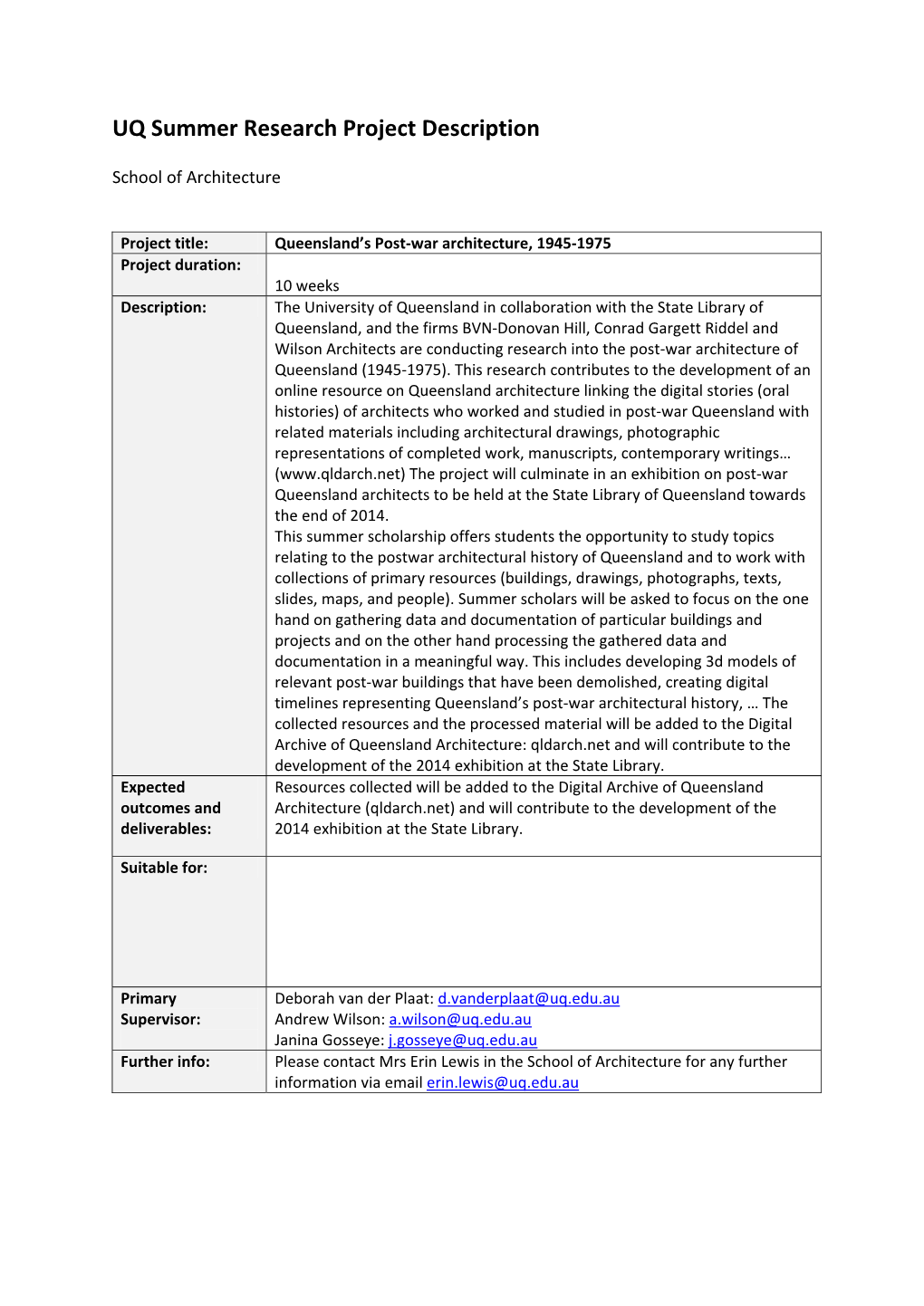 UQ Summer Research Project Description