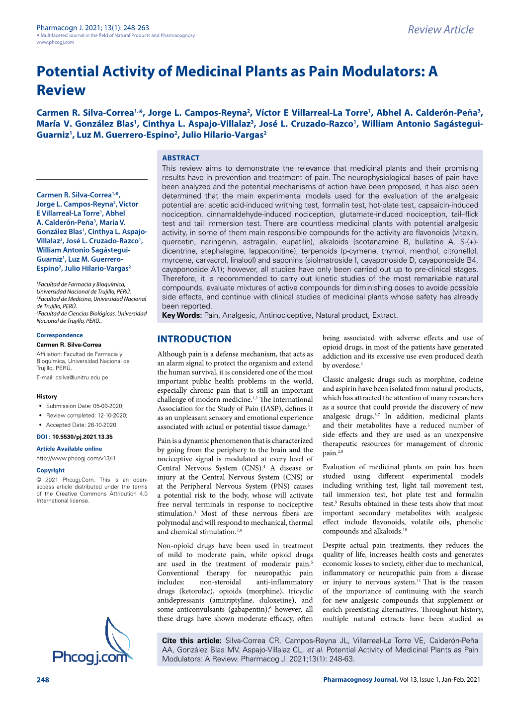 Phcogj.Com Potential Activity of Medicinal Plants As Pain Modulators