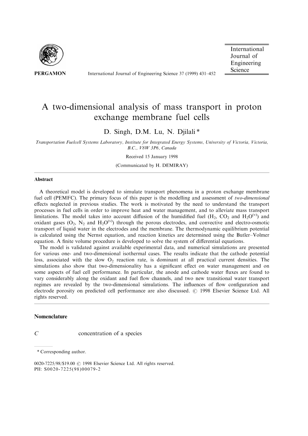 A Two-Dimensional Analysis of Mass Transport in Proton Exchange Membrane Fuel Cells