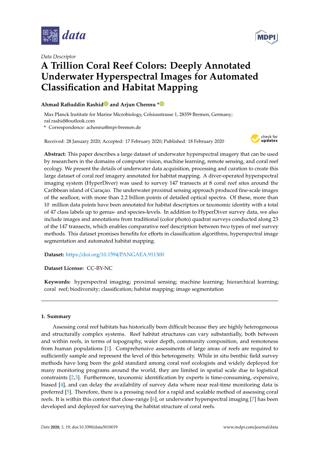 A Trillion Coral Reef Colors: Deeply Annotated Underwater Hyperspectral Images for Automated Classiﬁcation and Habitat Mapping