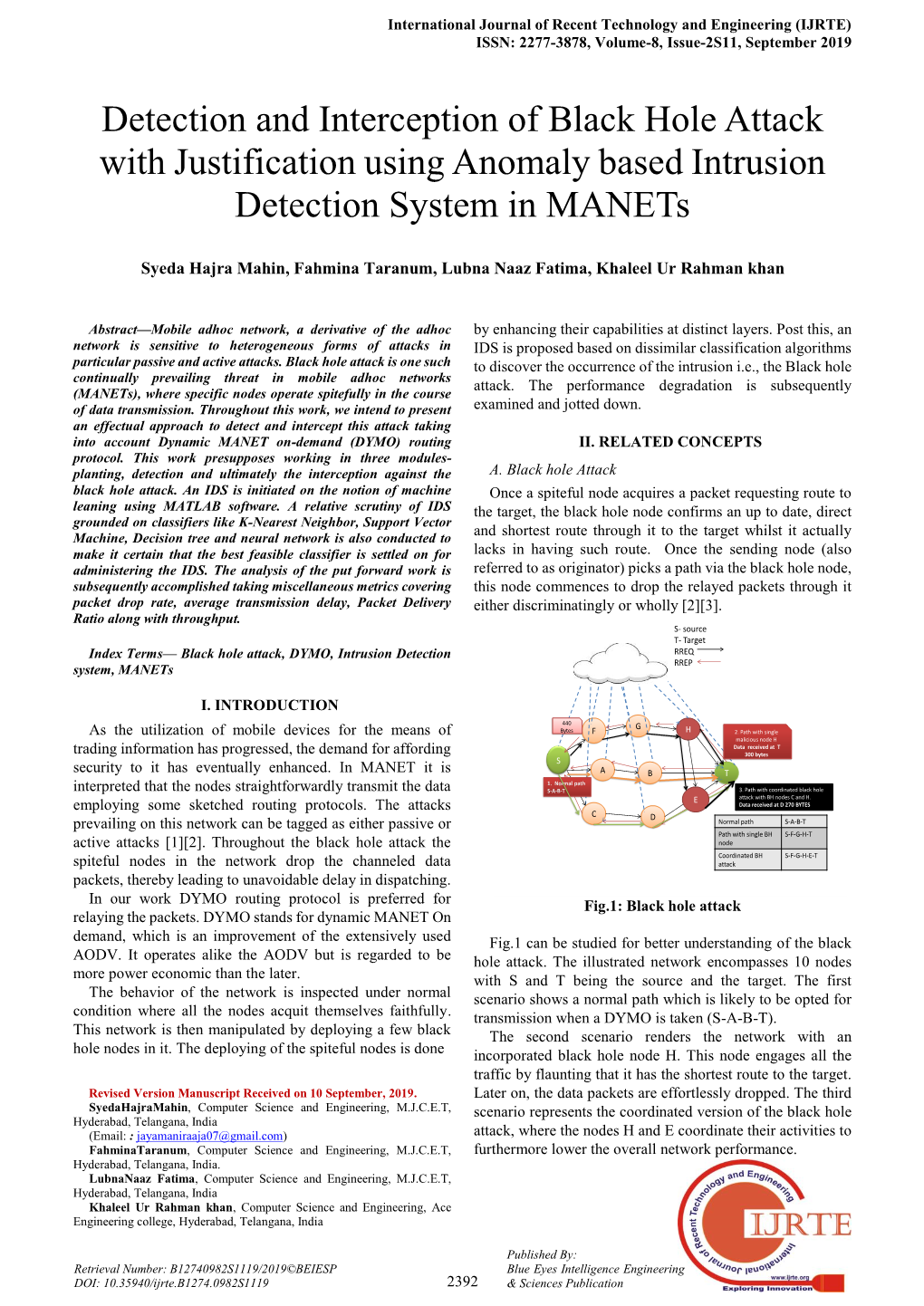 Detection and Interception of Black Hole Attack with Justification Using Anomaly Based Intrusion Detection System in Manets