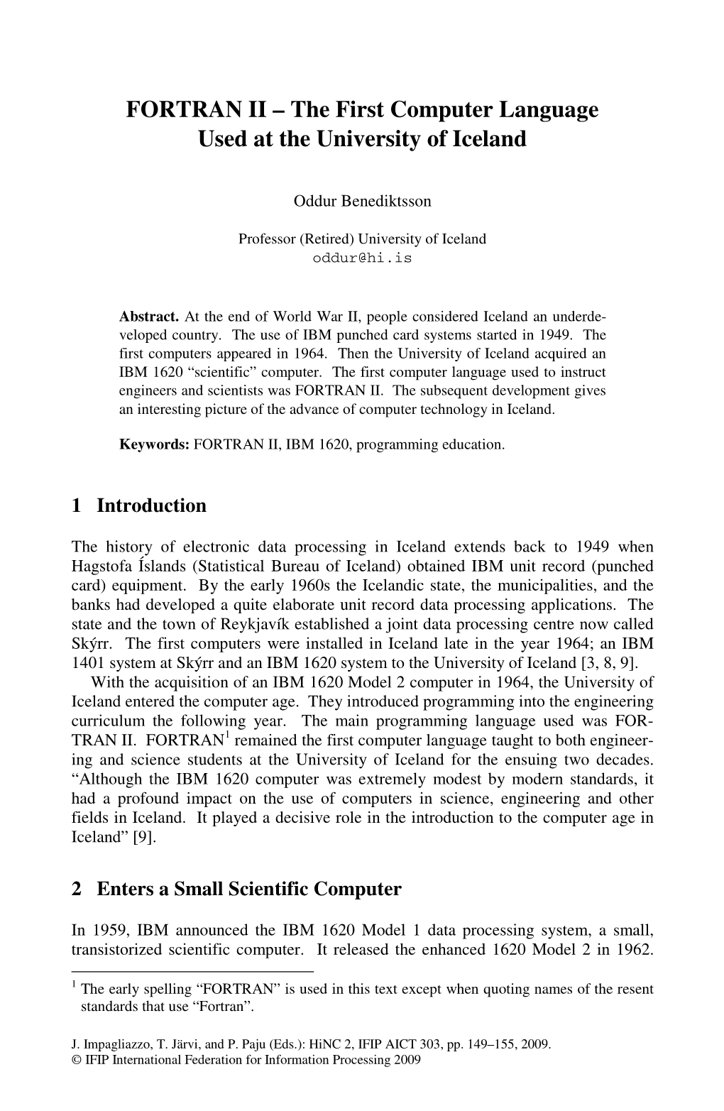 FORTRAN II – the First Computer Language Used at the University of Iceland