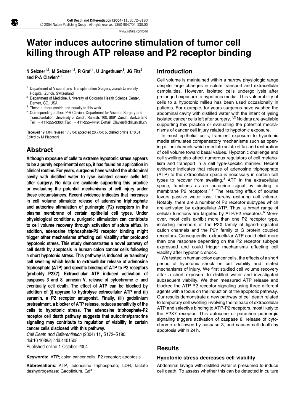 Water Induces Autocrine Stimulation of Tumor Cell Killing Through ATP Release and P2 Receptor Binding