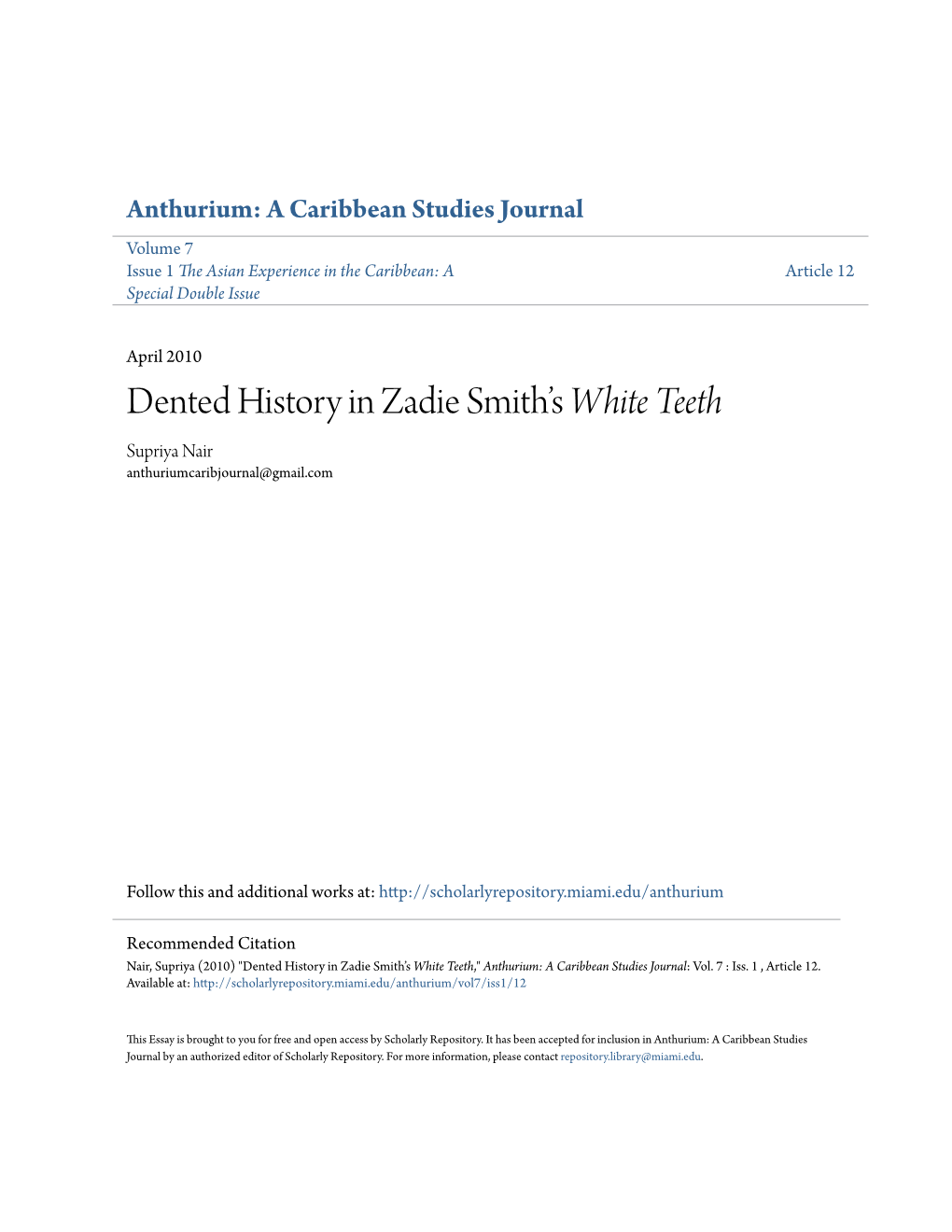 Dented History in Zadie Smithâ•Žs White Teeth