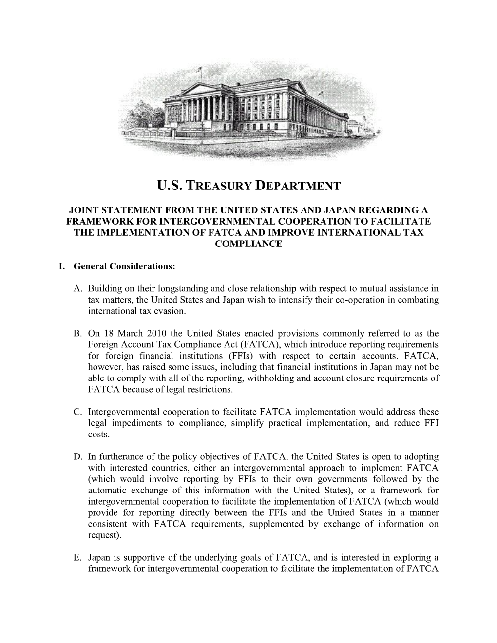 Japan Regarding a Framework for Intergovernmental Cooperation to Facilitate the Implementation of Fatca and Improve International Tax Compliance