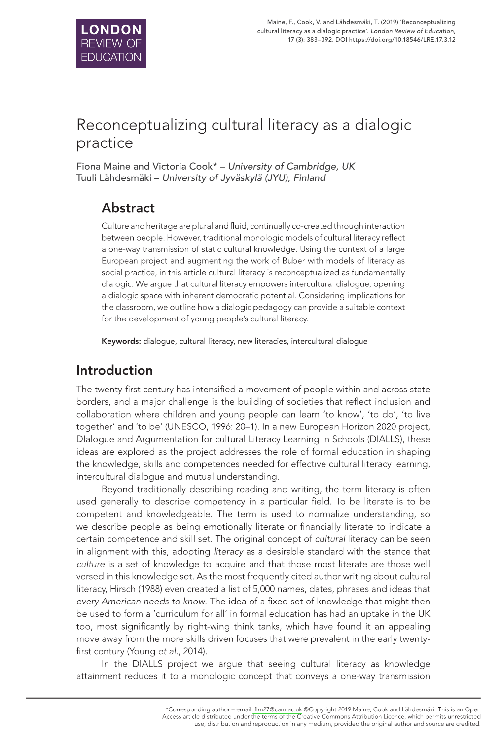 Reconceptualizing Cultural Literacy As a Dialogic Practice’