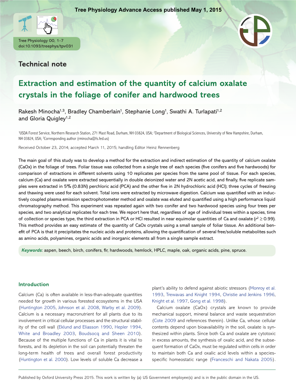 Extraction and Estimation of the Quantity of Calcium Oxalate Crystals in the Foliage of Conifer and Hardwood Trees