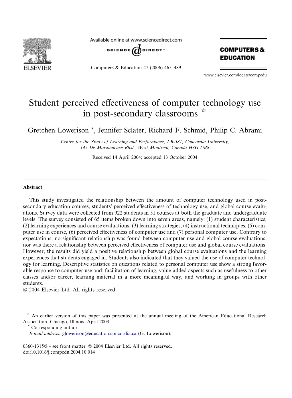 Student Perceived Effectiveness of Computer Technology Use in Post