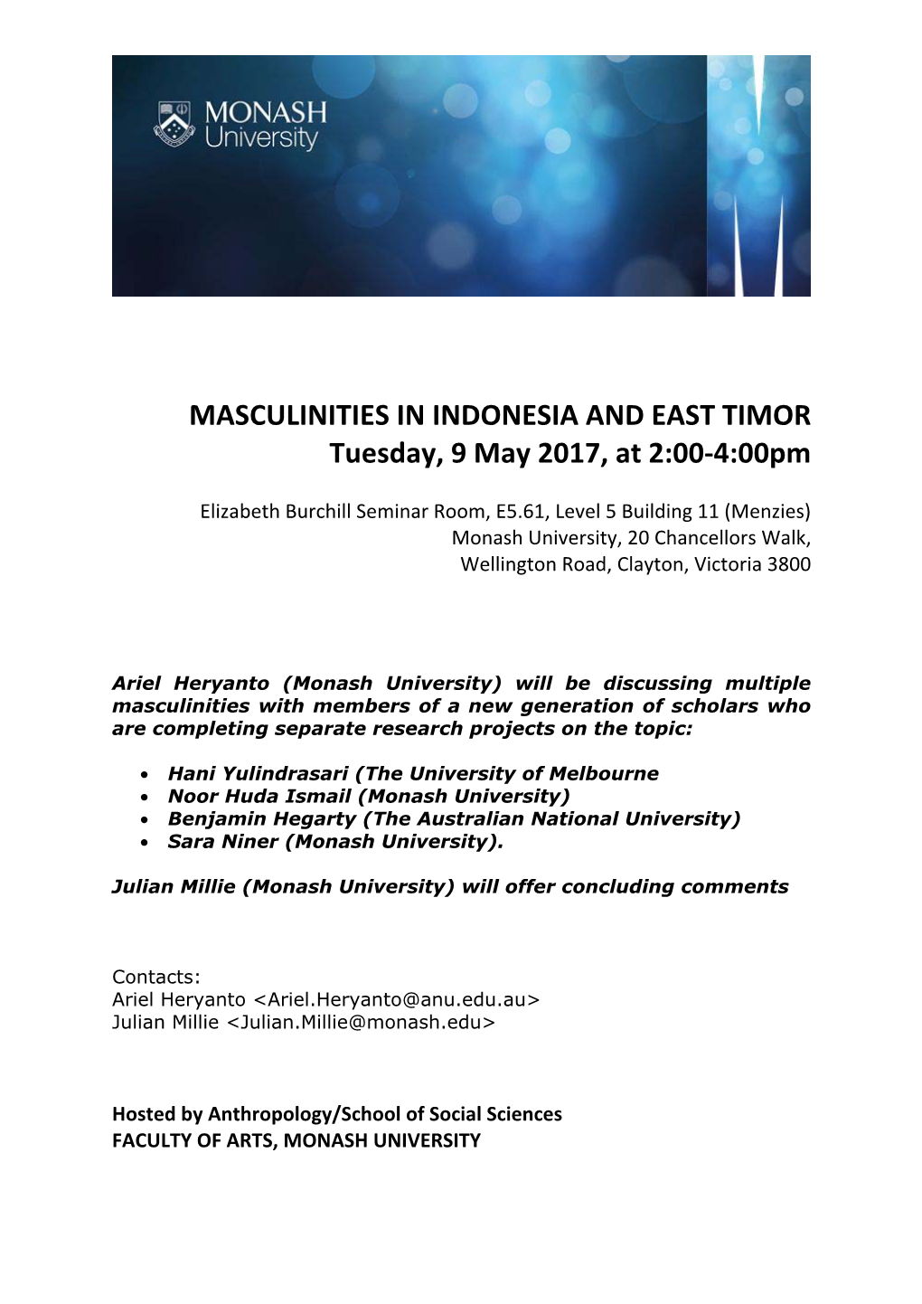 MASCULINITIES in INDONESIA and EAST TIMOR Tuesday, 9 May 2017, at 2:00-4:00Pm