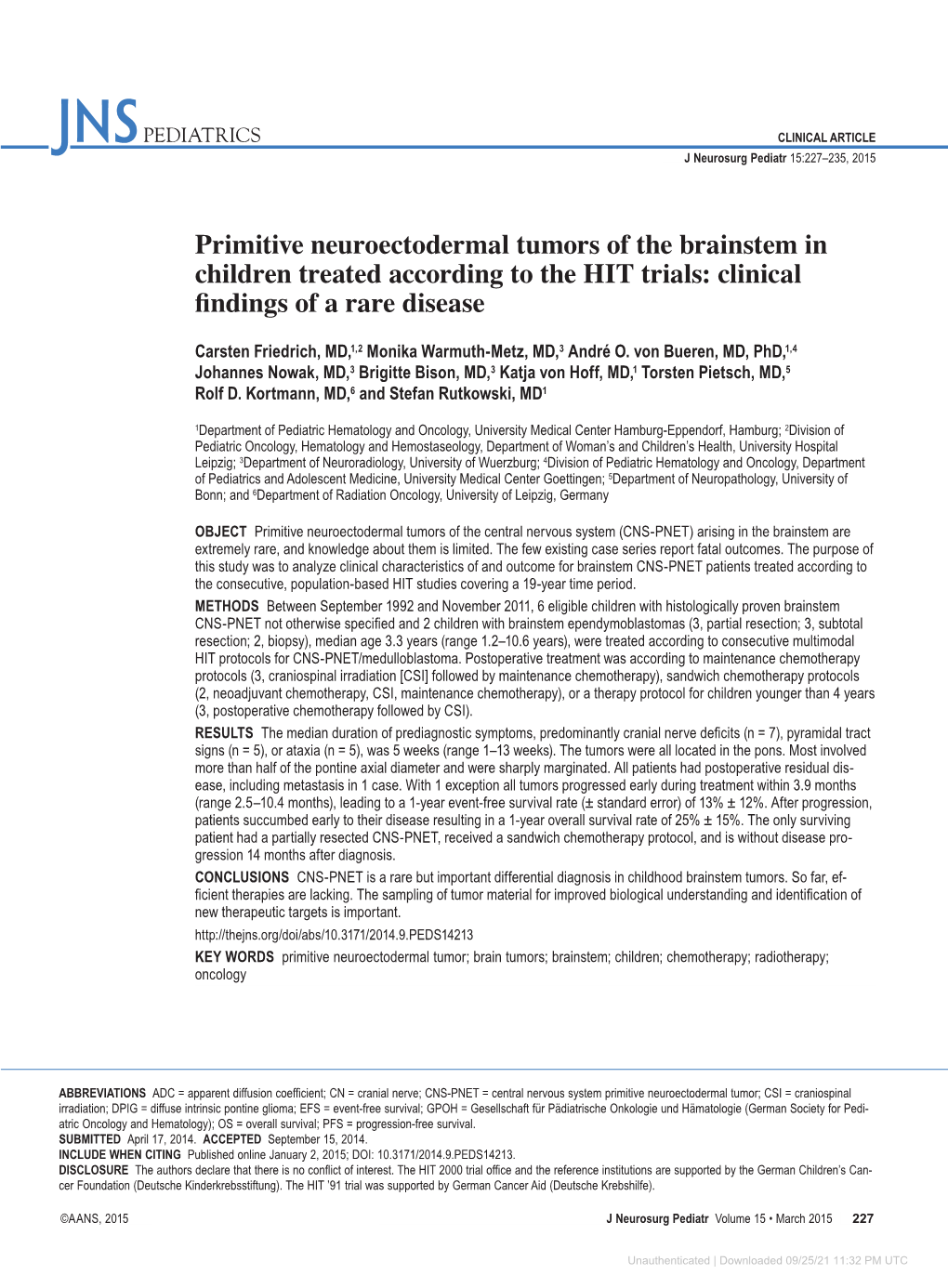 Primitive Neuroectodermal Tumors of the Brainstem in Children Treated According to the HIT Trials: Clinical Findings of a Rare Disease