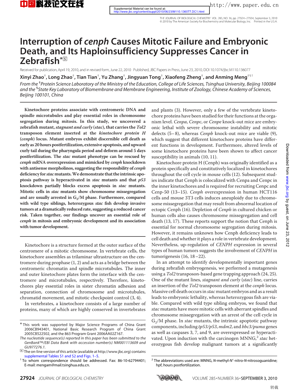 Interruption of Cenph Causes Mitotic Failure and Embryonic Death, And