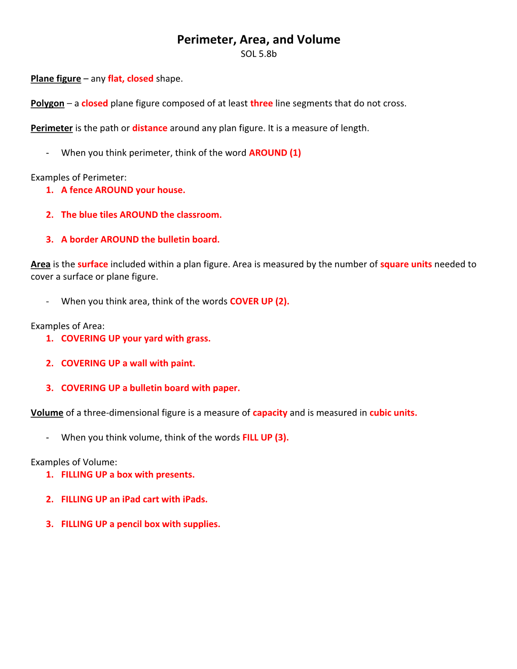 Perimeter, Area, and Volume SOL 5.8B