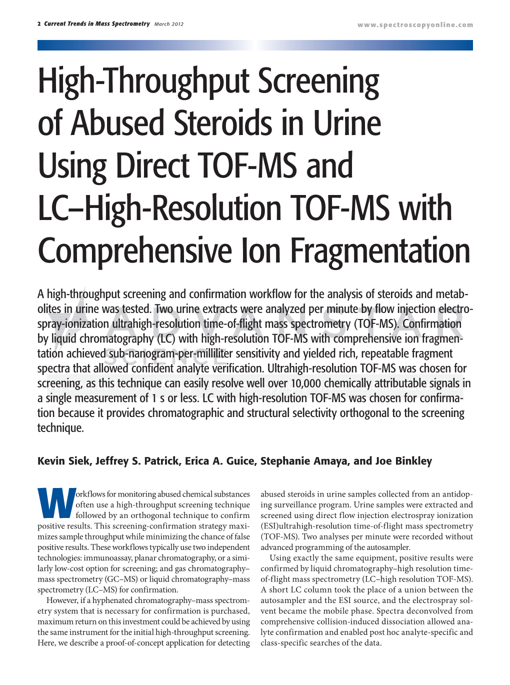 High-Throughput Screening of Abused Steroids in Urine Using Direct TOF-MS and LC–High-Resolution TOF-MS with Comprehensive Ion Fragmentation