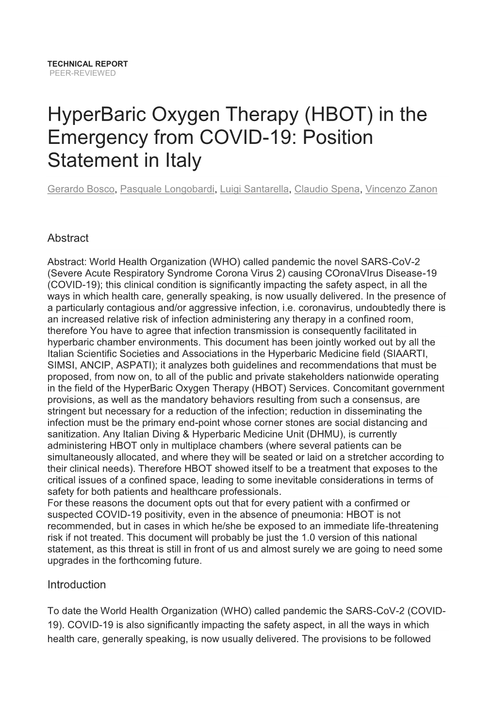 Hyperbaric Oxygen Therapy (HBOT) in the Emergency from COVID-19: Position Statement in Italy