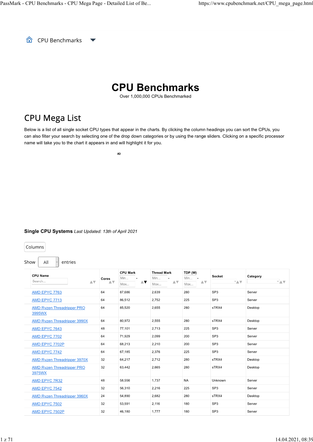 Passmark - CPU Benchmarks - CPU Mega Page - Detailed List of Be