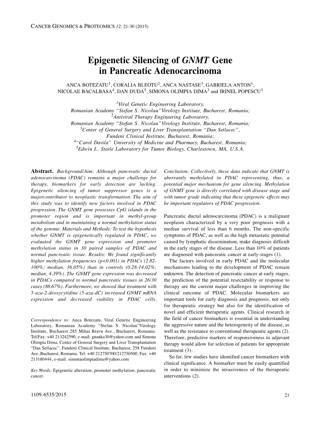 Epigenetic Silencing of GNMT Gene in Pancreatic Adenocarcinoma