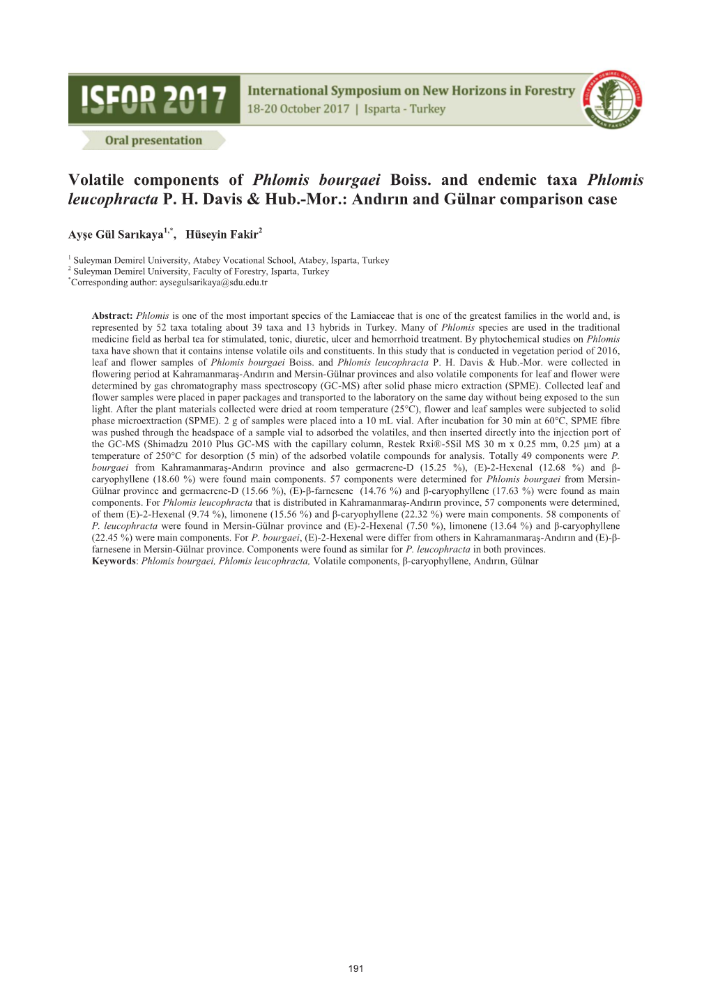 Volatile Components of Phlomis Bourgaei Boiss. and Endemic Taxa Phlomis Leucophracta P