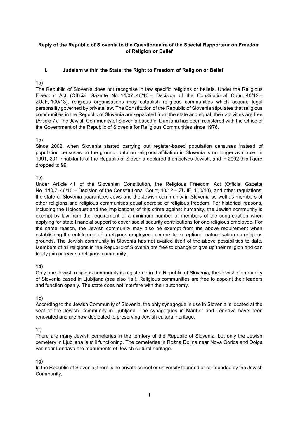 Slovenia to the Questionnaire of the Special Rapporteur on Freedom of Religion Or Belief