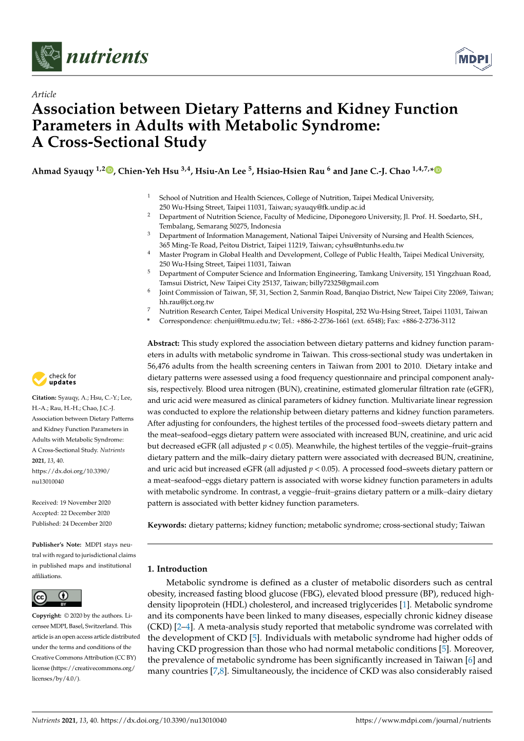 Association Between Dietary Patterns and Kidney Function Parameters in Adults with Metabolic Syndrome: a Cross-Sectional Study