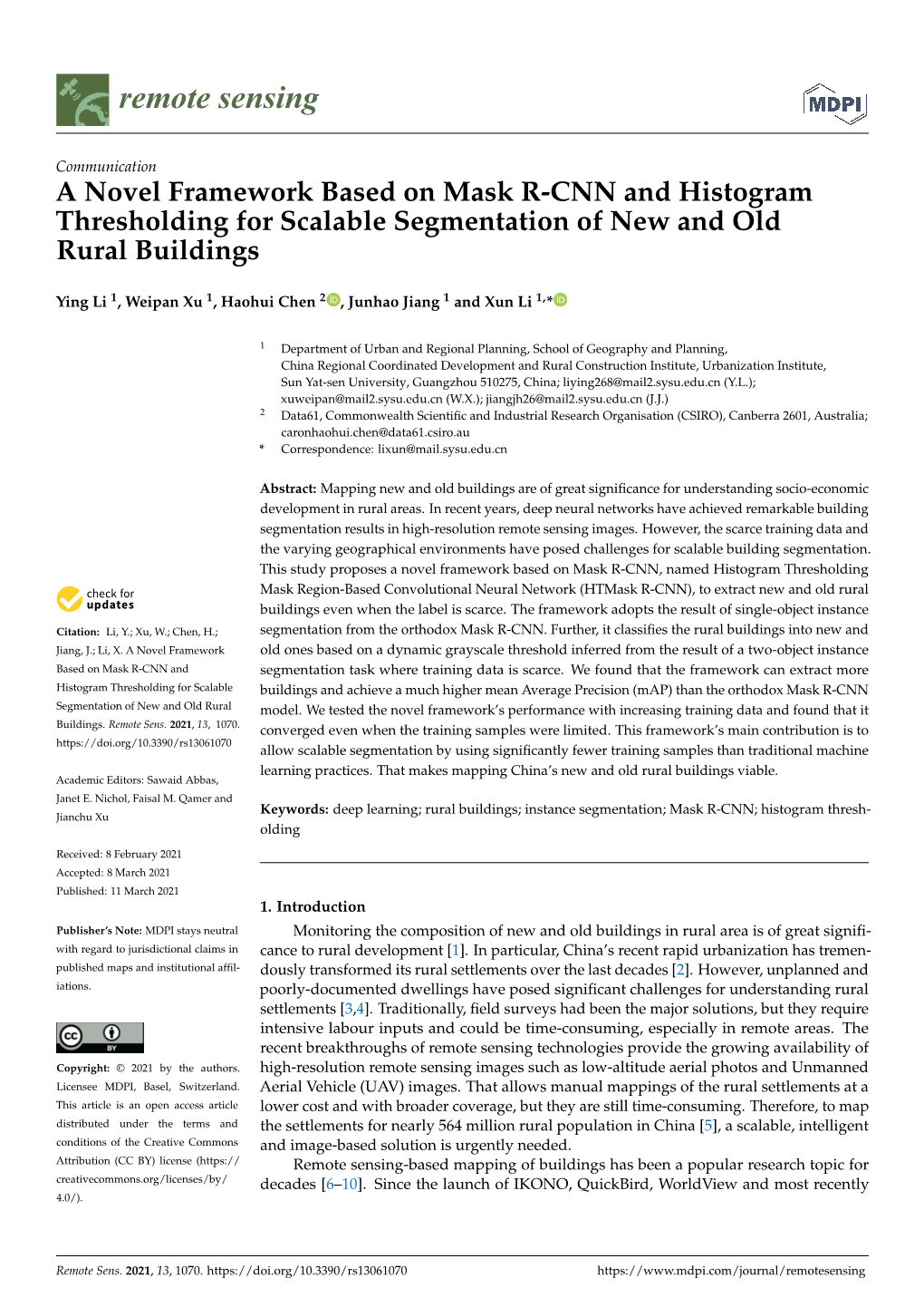 A Novel Framework Based on Mask R-CNN and Histogram Thresholding for Scalable Segmentation of New and Old Rural Buildings