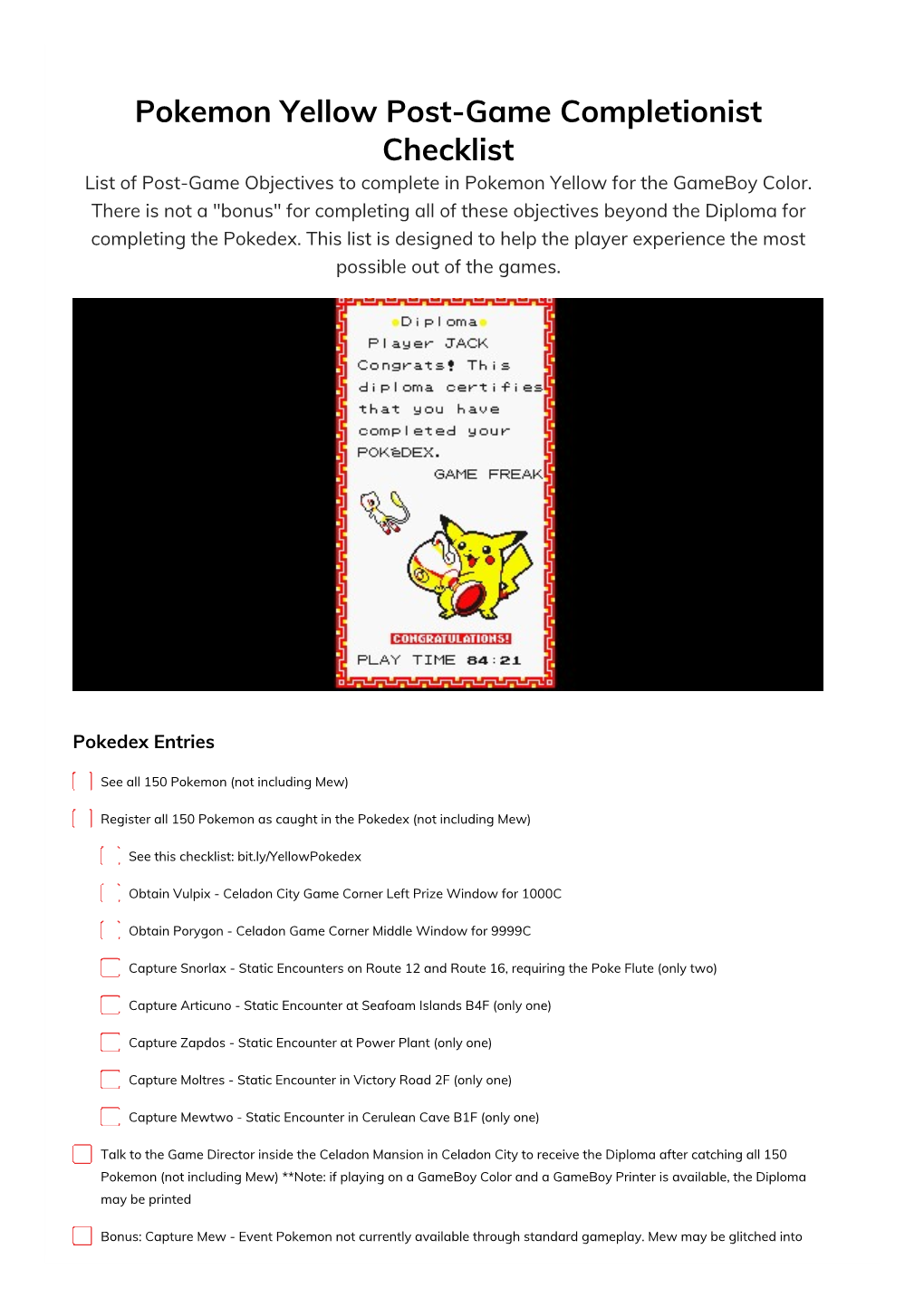 Pokemon Yellow Post-Game Completionist Checklist List of Post-Game Objectives to Complete in Pokemon Yellow for the Gameboy Color