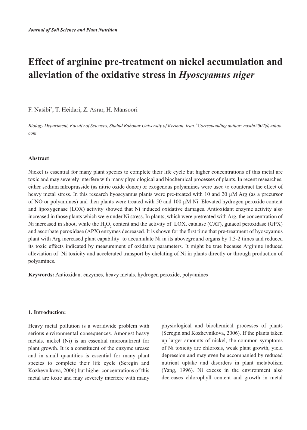 Effect of Arginine Pre-Treatment on Nickel Accumulation and Alleviation of the Oxidative Stress in Hyoscyamus Niger