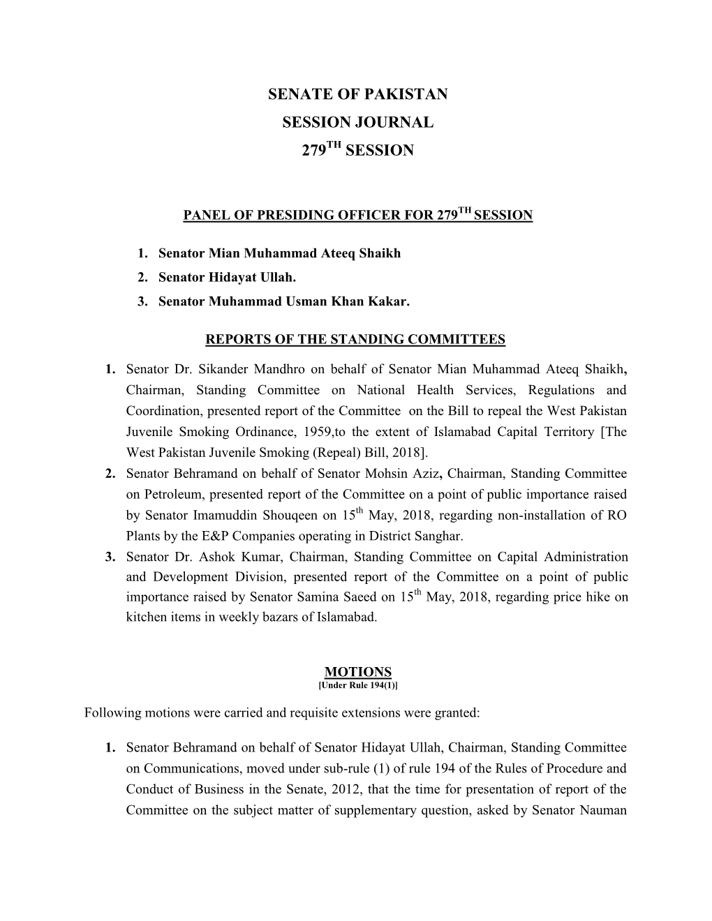 Senate of Pakistan Session Journal 279 Session