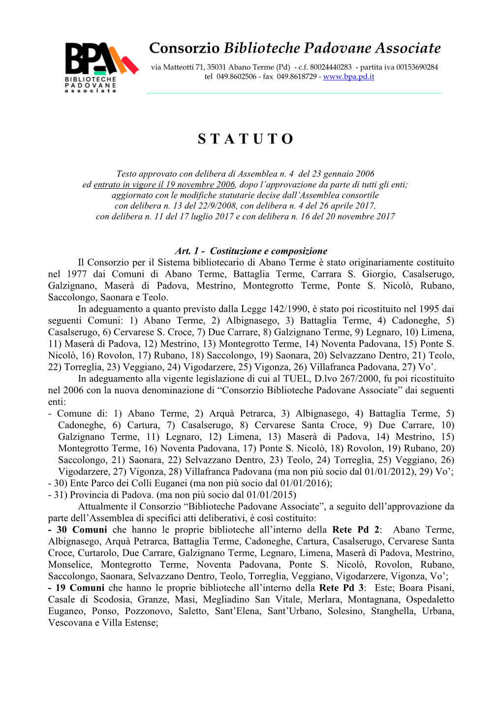 Statuto Vigente Del Consorzio