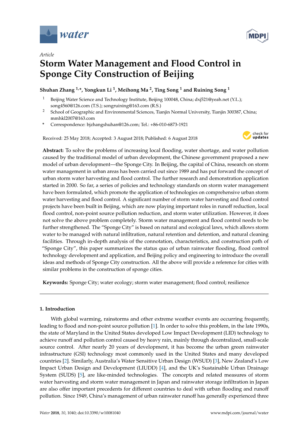 Storm Water Management and Flood Control in Sponge City Construction of Beijing