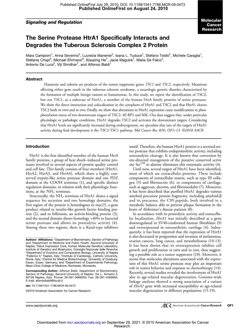 The Serine Protease Htra1 Specifically Interacts and Degrades the Tuberous Sclerosis Complex 2 Protein