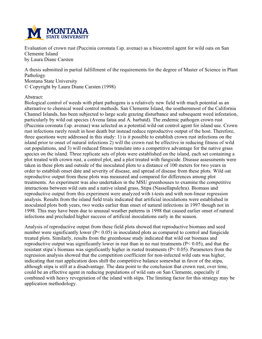 Evaluation of Crown Rust (Puccinia Coronata F.Sp. Avenae)