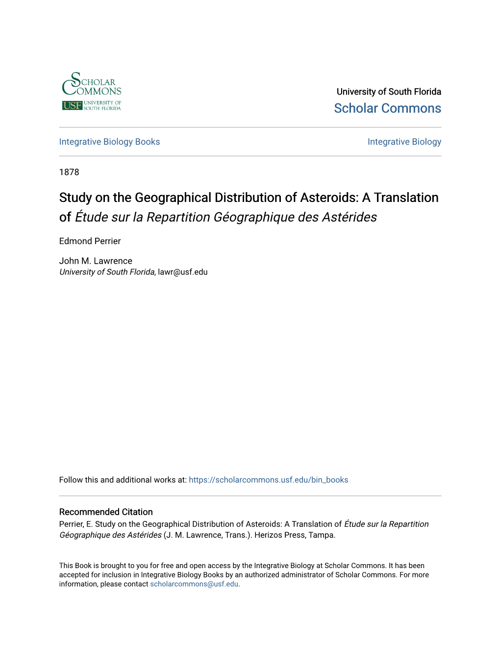 Study on the Geographical Distribution of Asteroids: a Translation of Étude Sur La Repartition Géographique Des Astérides