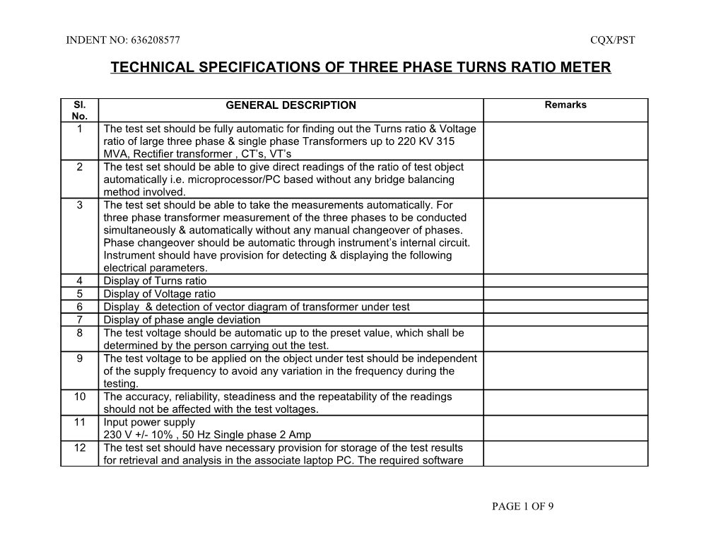 Technical Specifications of Three Phase Turns Ratio Meter