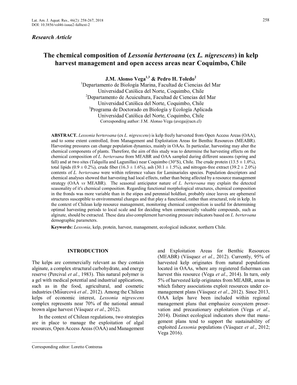 The Chemical Composition of Lessonia Berteroana (Ex L