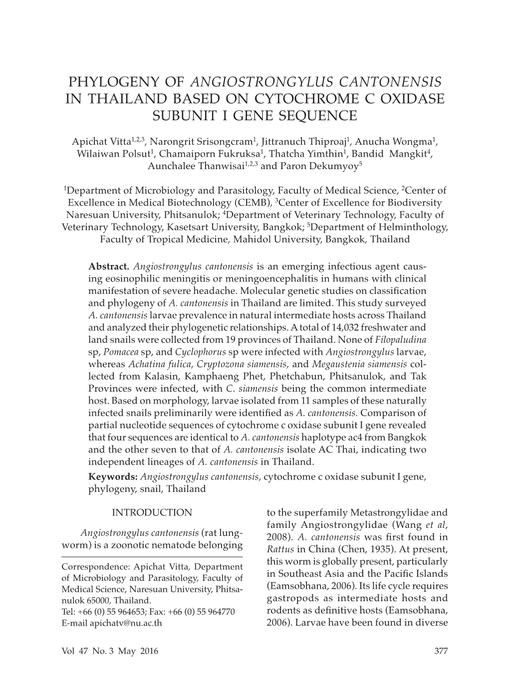 Angiostrongylus Cantonensis in Thailand Based on Cytochrome C Oxidase Subunit I Gene Sequence