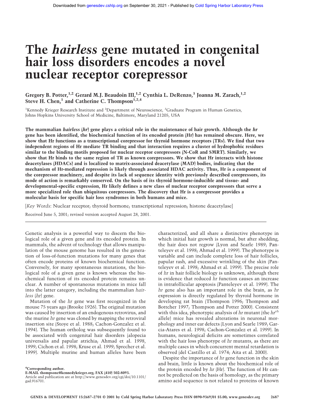 The Hairless Gene Mutated in Congenital Hair Loss Disorders Encodes a Novel Nuclear Receptor Corepressor